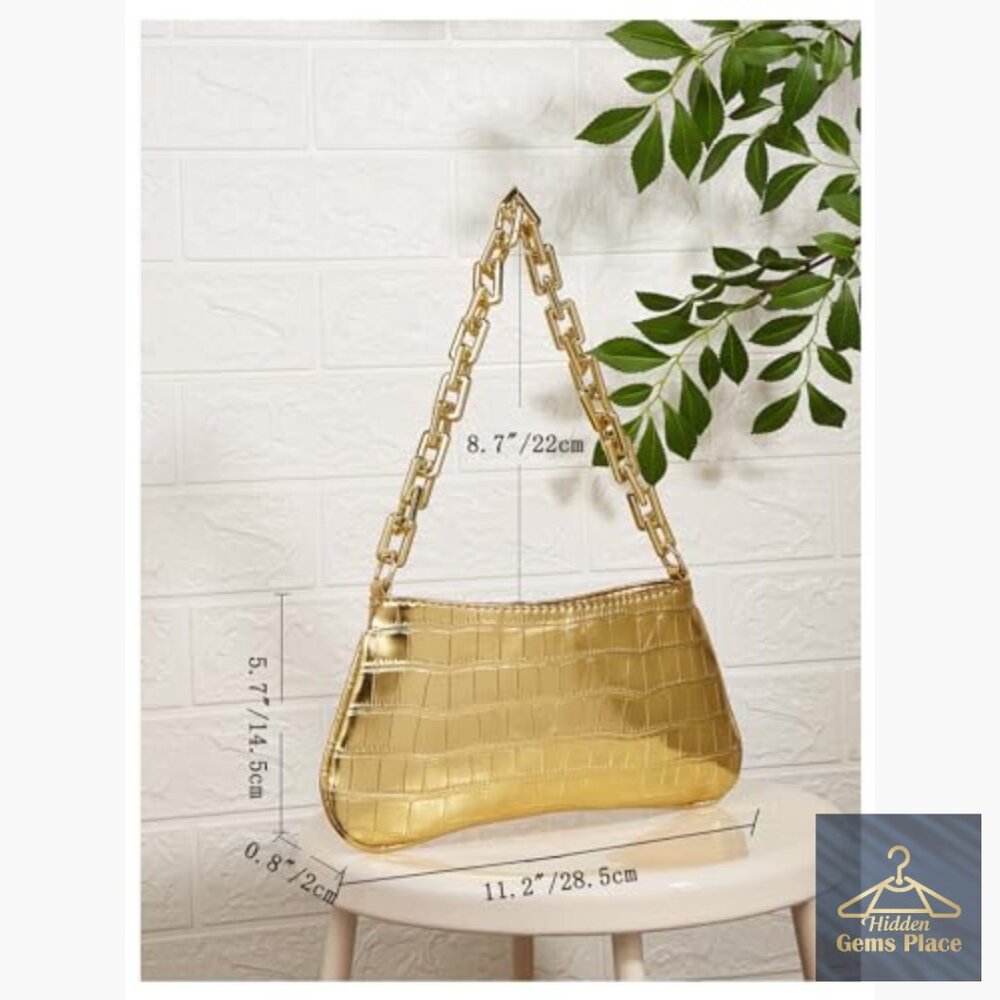 Gold Metallic Shoulder Bag Evening Party Mini Clutch Purse Chain Zipper - Picture 5 of 6